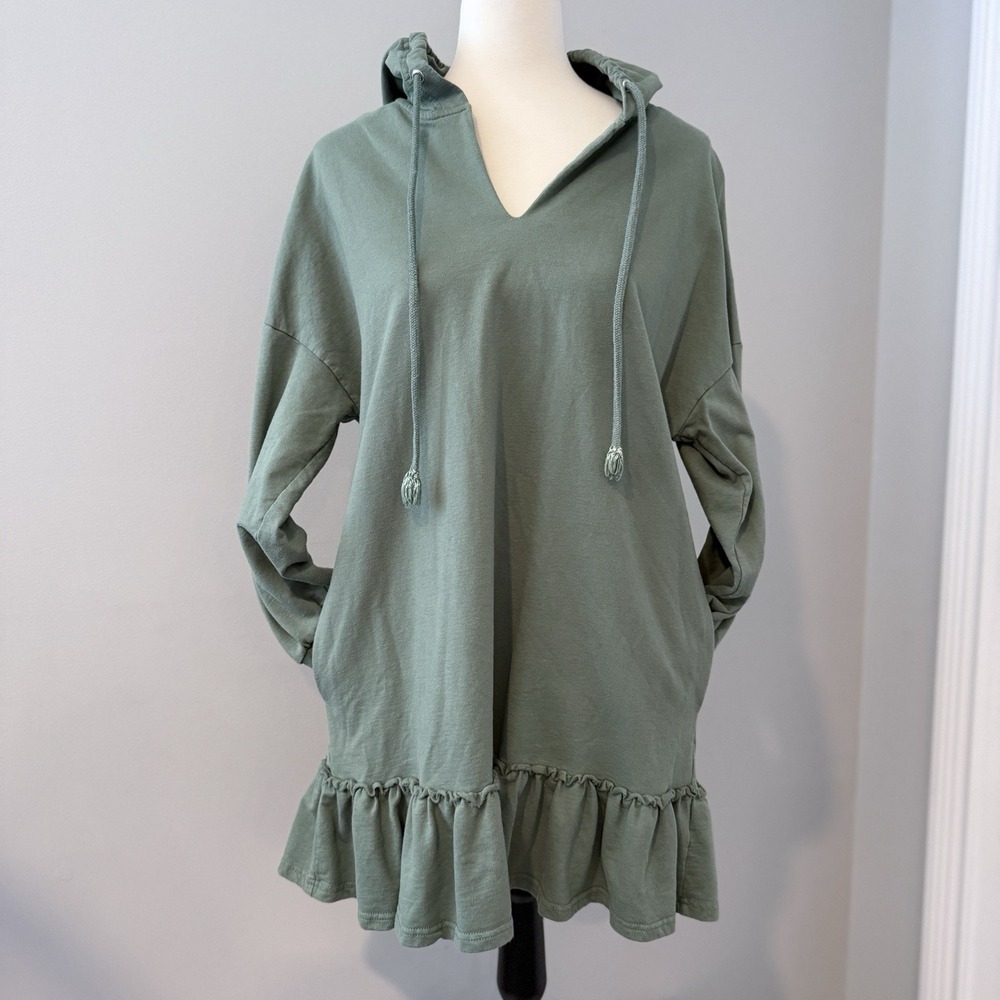 Listicle Ruffle Hem Hoodie Tunic Women's Medium Sage Green Long Sleeve